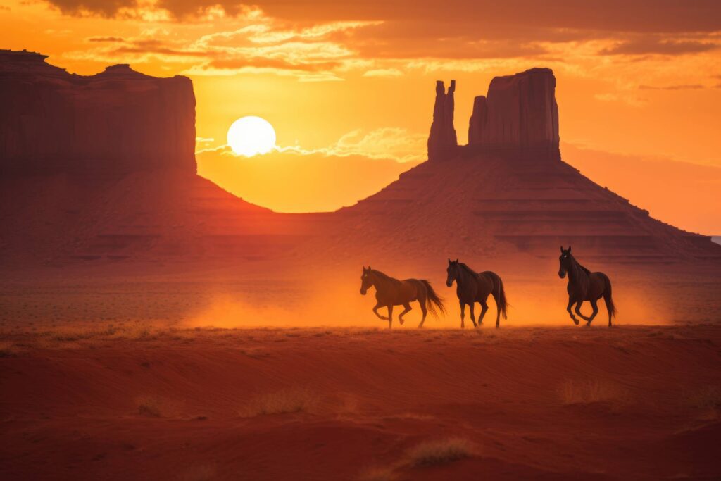 Wild Horses Mustangs in Monument Valley During Sunrise Stock Free