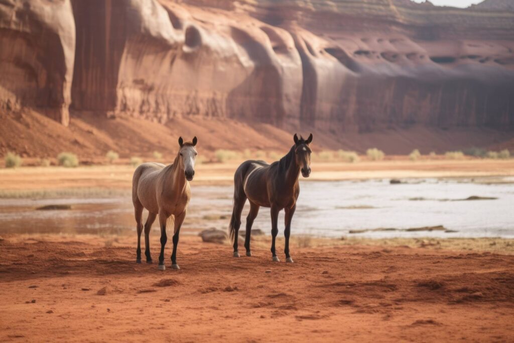 Wild Mustang Horses in Red-Sand Desert Stock Free