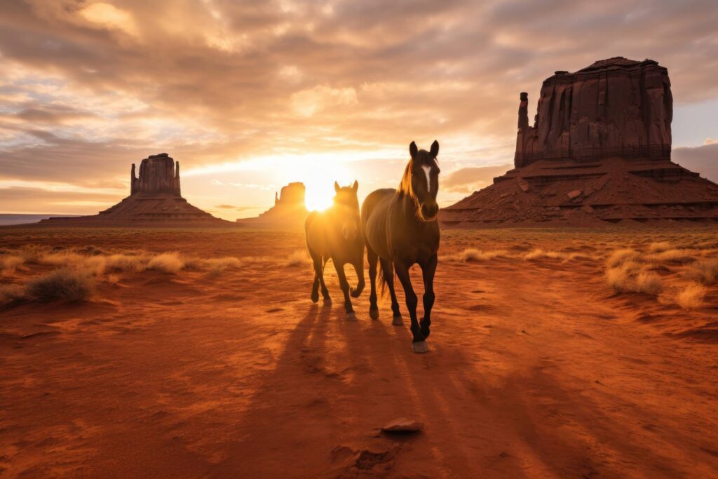 Wild Mustang Horses in Red Sand Valley at Sunset Stock Free