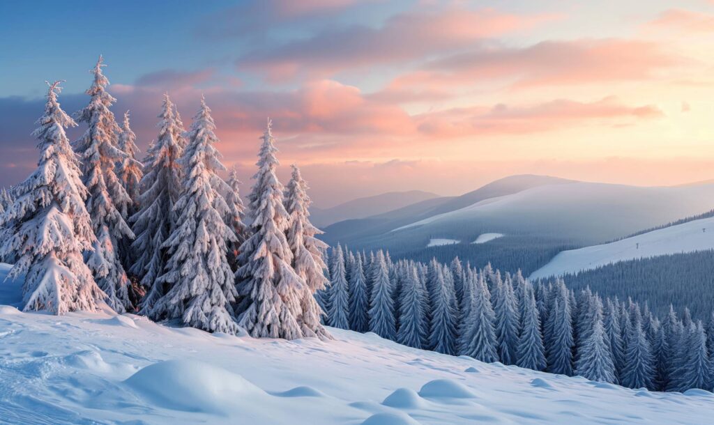 Winter Landscape Snow Covered Trees During Mountain Sunrise Stock Free