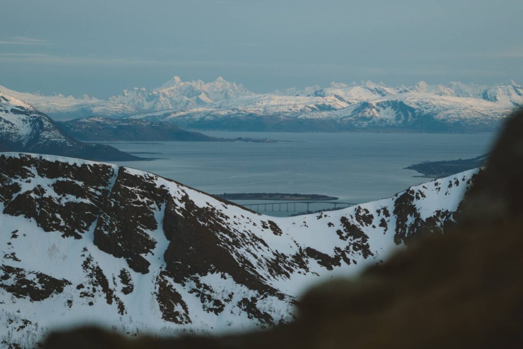 Winter Landscape with Snowy Mountains and Fjord in Norway Free Photo