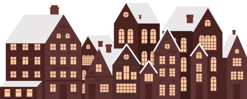 Winter town silhouette with brown houses, snowy streets, and festive atmosphere. Vector illustration for Christmas banners and decorations. Cut out. Not . Free Vector