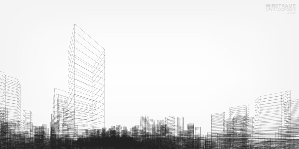 Wireframe city background. Perspective 3D of building wireframe. Free Vector