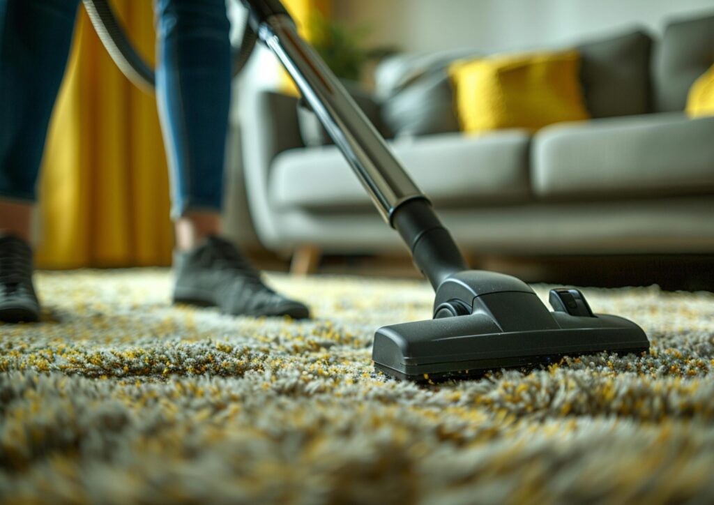 Woman cleaning with vacuum cleaner carpet in the living room at home generated by AI. Free Photo