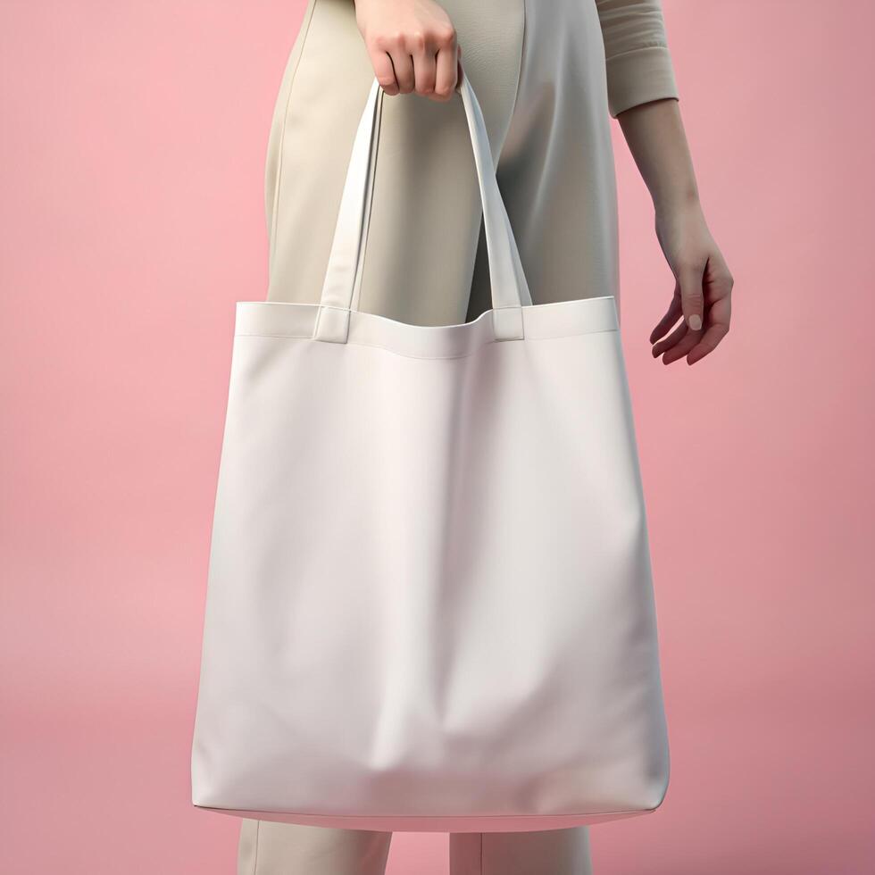 Woman holding reusable white blank tote bag on pink background for mockup Stock Free