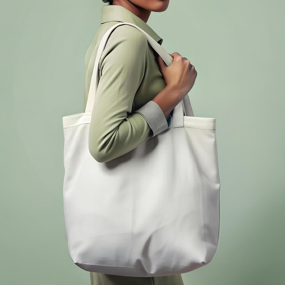 Woman holding reusable white cotton linen eco organic fabric canvas tote bag on green blank background for mockup Stock Free