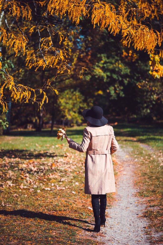 Woman in a Park Holding Leaves on a Sunny Autumn Day Free Photo