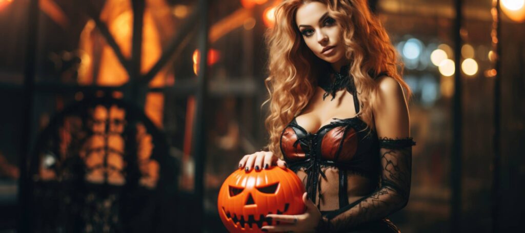 Woman in Halloween Costume Holding a Halloween Pumpkin Stock Free