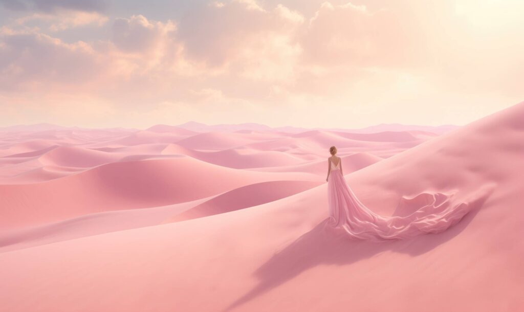 Woman in Pink Dress in Pink Desert Dunes Stock Free