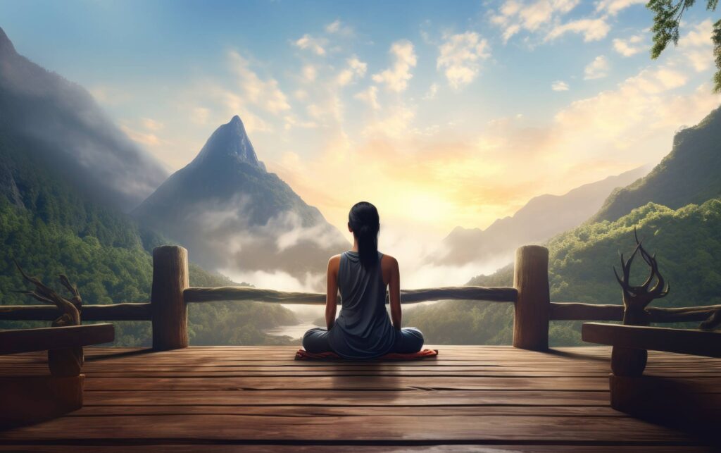 Woman Meditating Early in the Morning Overlooking a Mountain Scenery Stock Free