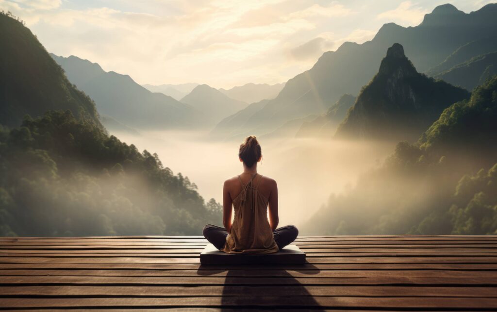 Woman Meditating on Wooden Platform with Amazing Scenery View Stock Free