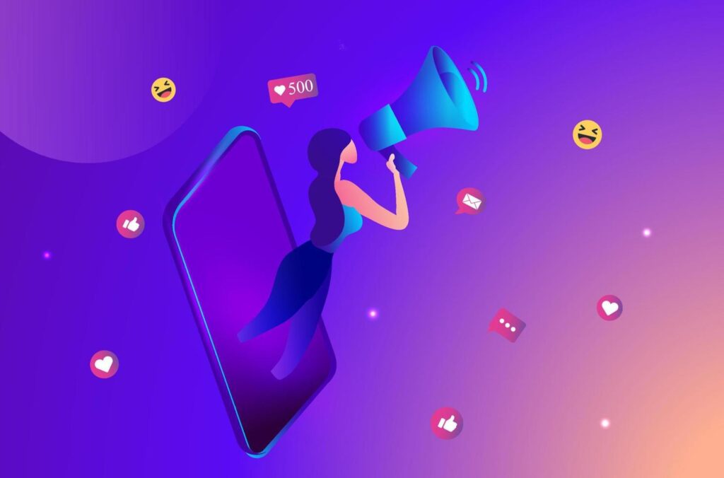 woman shouting in loud speaker with social media icons. Influencer social media marketing, blogger, vlogging, social influencer and influencer marketing concept vector illustration Stock Free