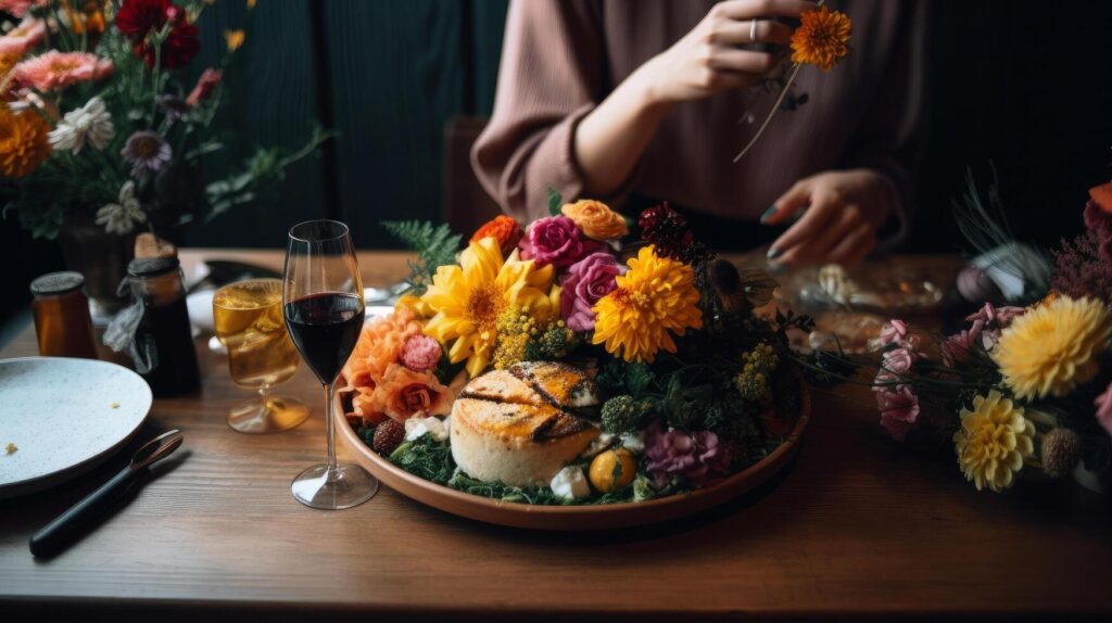 Woman sitting with flower bouquet by food on dining table Illustration Stock Free