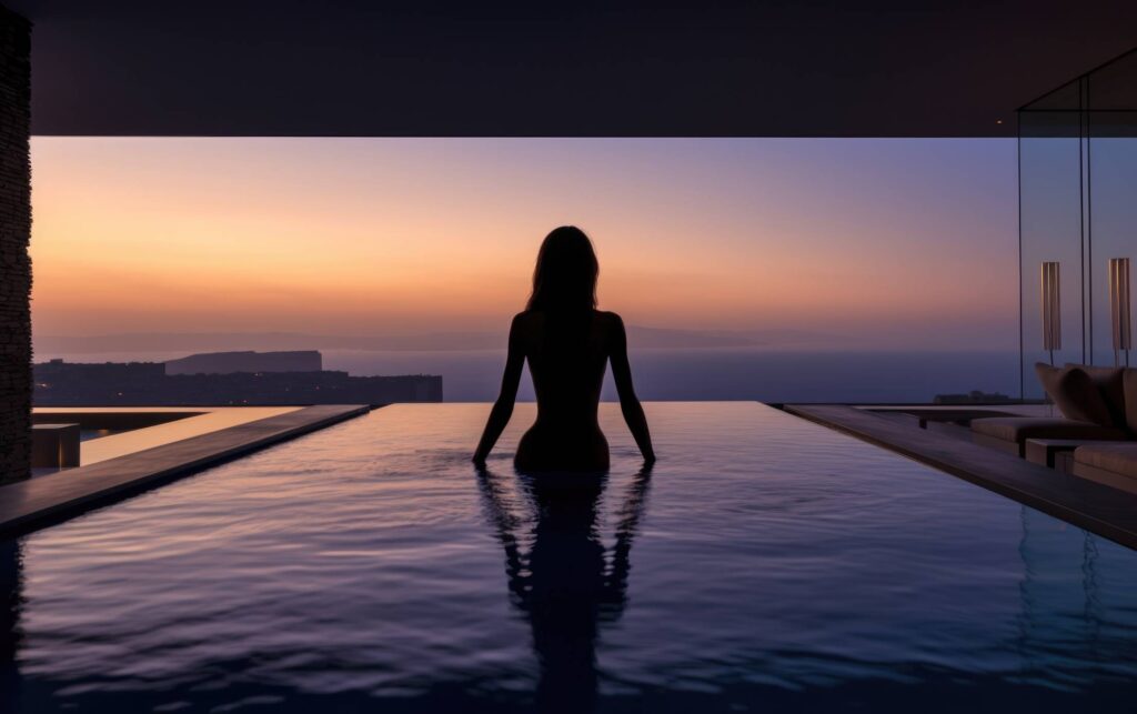 Woman Standing in Ultra Luxury Villa Infinity Pool with a View of After Sunset Sky Stock Free