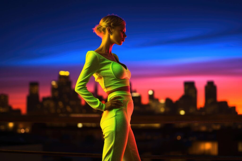 Woman Standing on Terrace Overlooking Big City After Sunset Stock Free