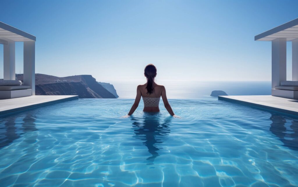 Woman Swimming in a Luxury Santorini Hotel Infinity Pool Stock Free