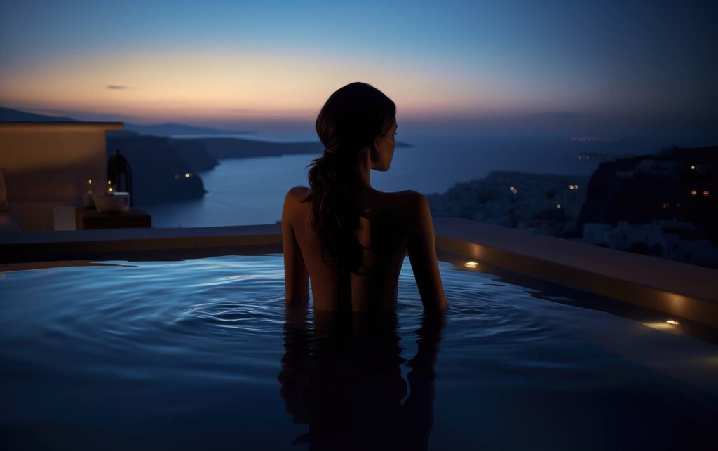 Woman Swimming in a Luxury Santorini Hotel Pool After Sunset Stock Free