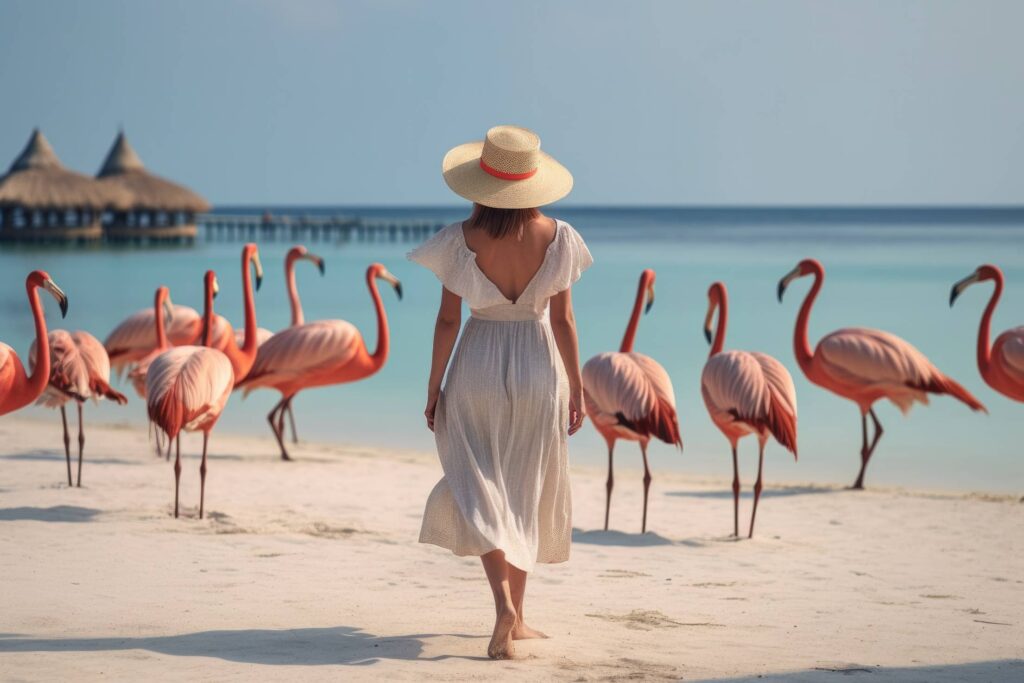 Woman Walking on a Beach with Flamingos Stock Free