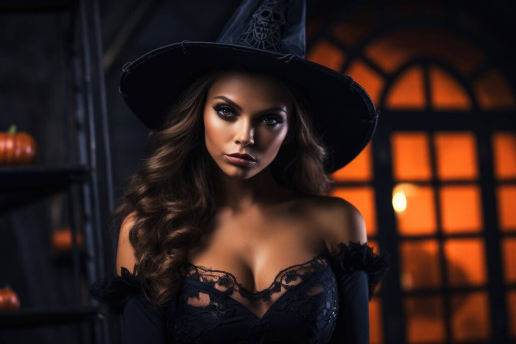 Woman with a Bewitching Look in Sexy Halloween Witch Costume Stock Free