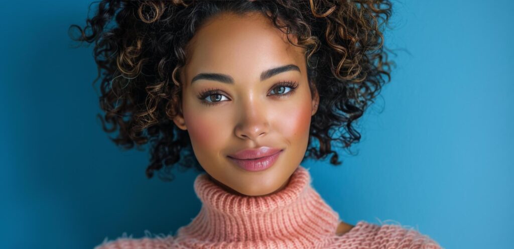 Woman With Curly Hair Smiling in Pink Sweater Against Blue Background Stock Free