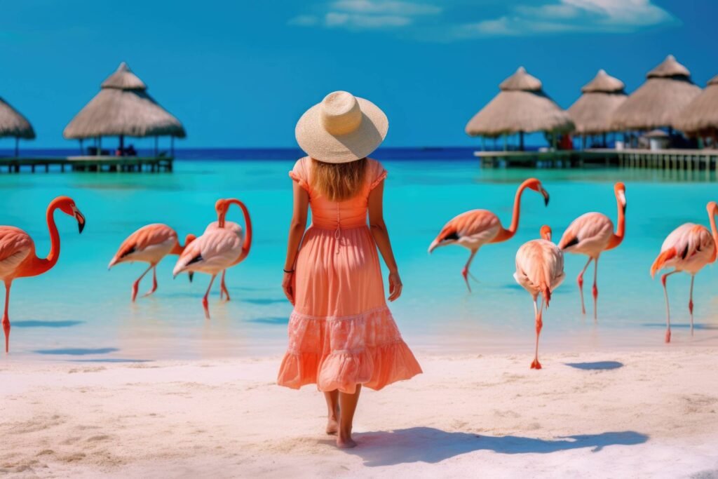 Woman with Flamingos on White Sand Beach Stock Free