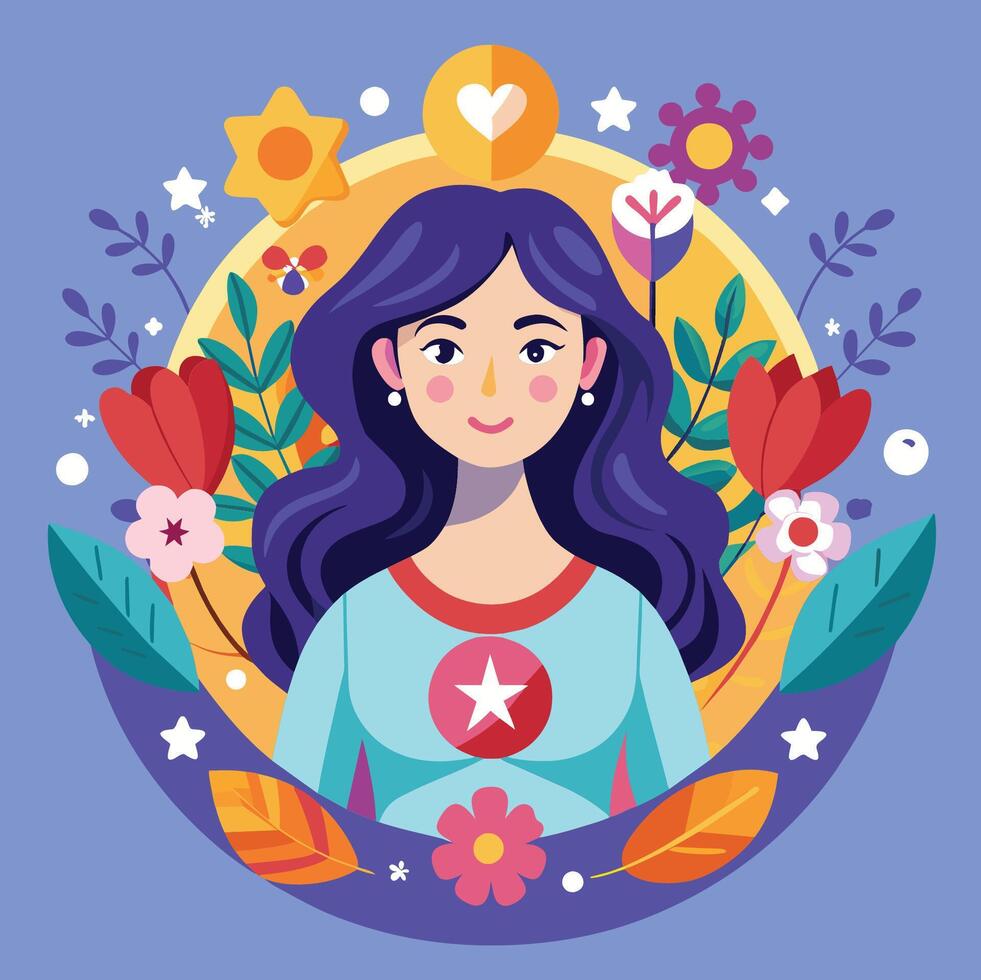 Woman with flowers and icons cartoons vector illustration. womens day Stock Free