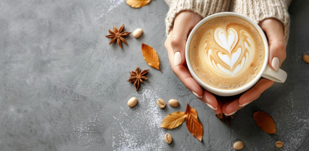 Womans Hands Holding a Cup of Latte Art on a Blue Background Stock Free