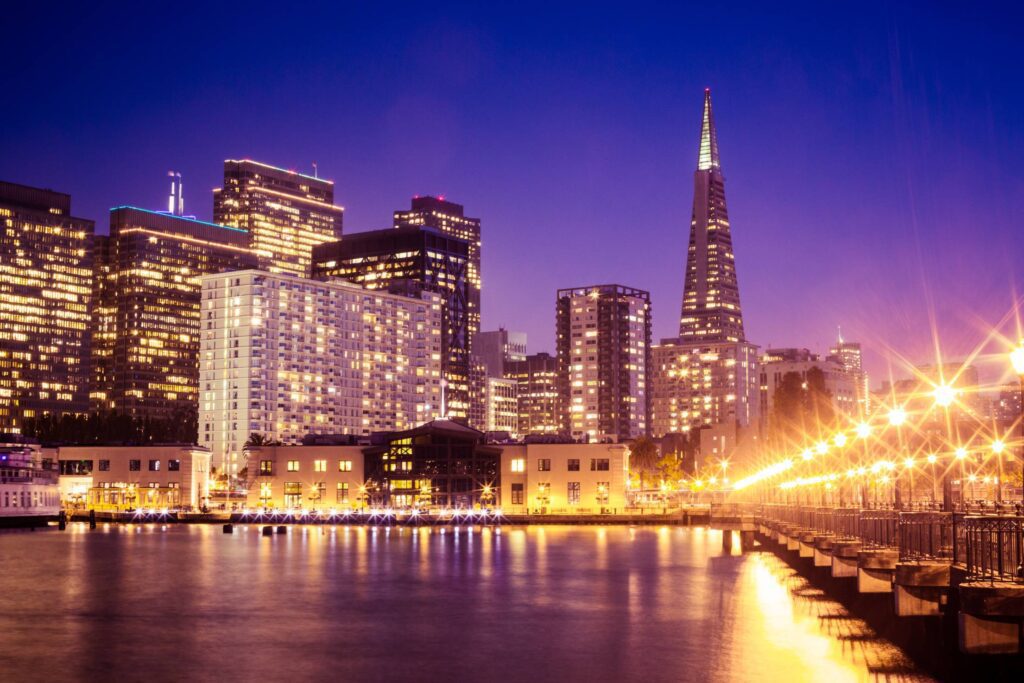 Wonderful San Francisco Skyscrapers Cityscape From Pier at Night Free Photo