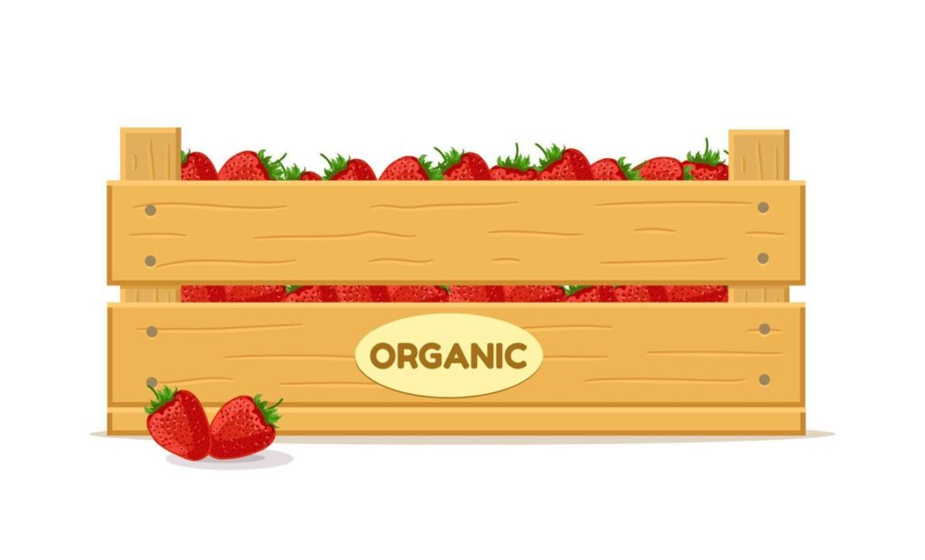 Wooden box with strawberries. Fruit box icon. Vector illustration isolated on white background. Stock Free