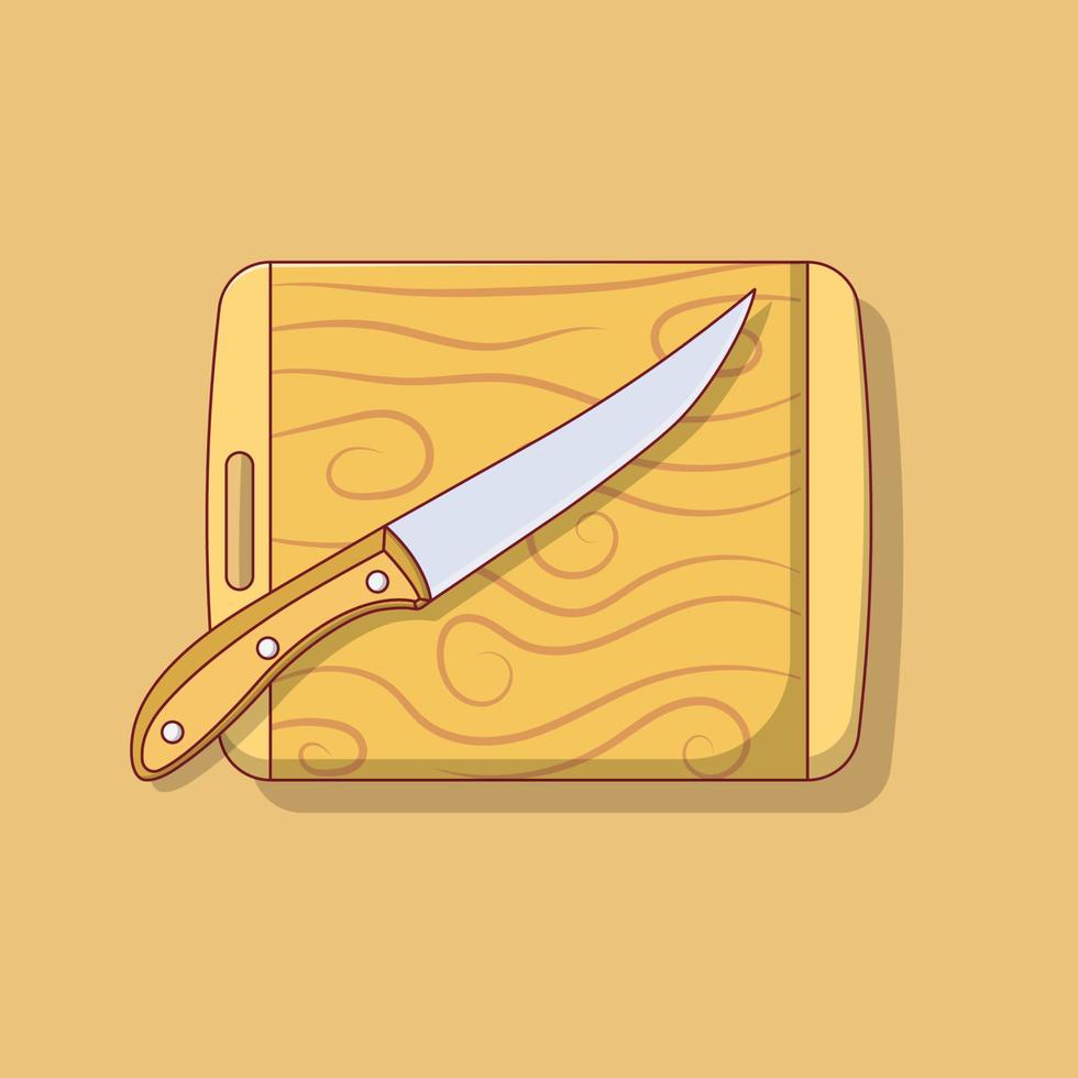 Wooden Chopping Board and Knife Vector Icon Illustration with Outline for Design Element, Clip Art, Web, Landing page, Sticker, Banner. Flat Cartoon Style Stock Free