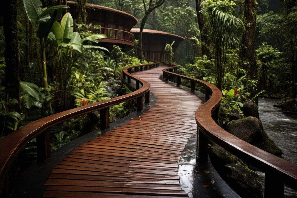 Wooden Path in Luxury Resort in Tropical Forest Stock Free