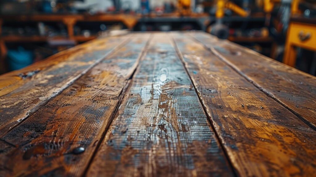 Wooden Table Close-Up With Construction Equipment in Background Stock Free