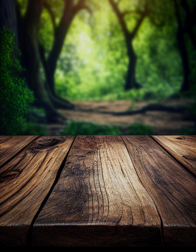 Wooden table with a defocused image nature background, Empty wooden table top on blurred background, 3d wooden table looking out to leaves and defocused landscape Stock Free