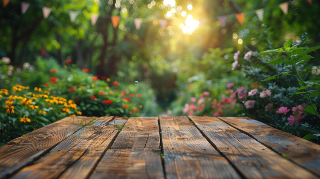 Wooden Table With Flowers and Bunting in Background Stock Free