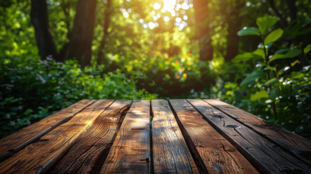 Wooden Table With Flowers in Background Stock Free