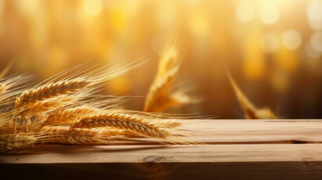 Wooden table with wheat field background Stock Free