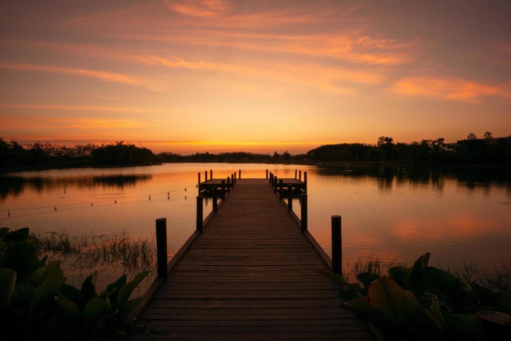 Wooden walkway into the lake with natural scenery of sunset and silhouette of forest in background Stock Free