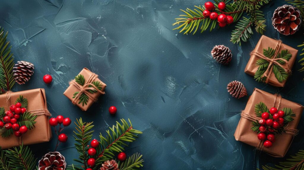 Wrapped Christmas Gifts on Blue Background Stock Free