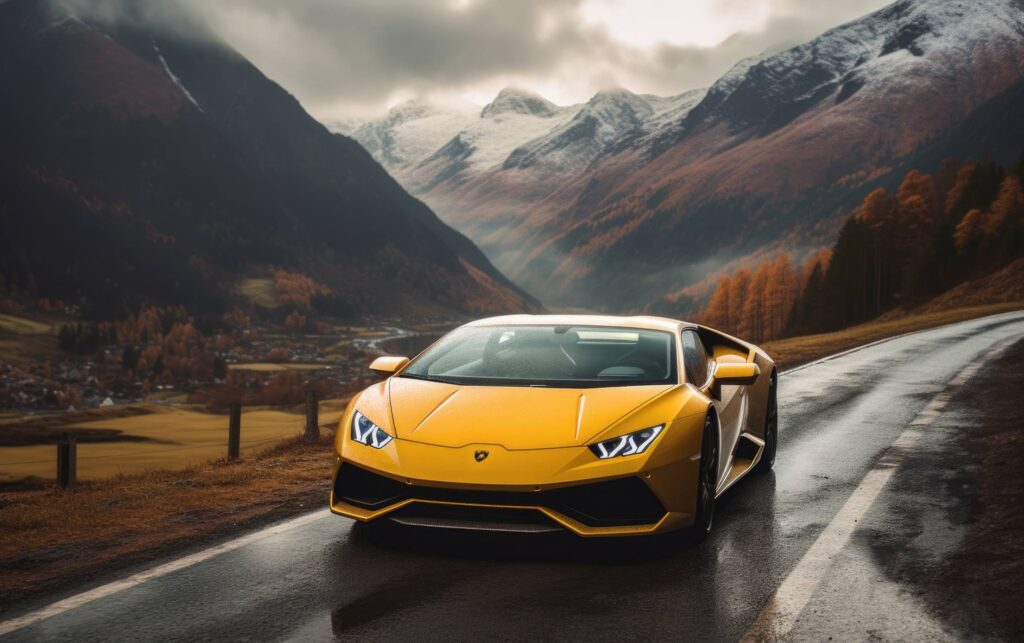 Yellow Lamborghini on Mountain Road Stock Free