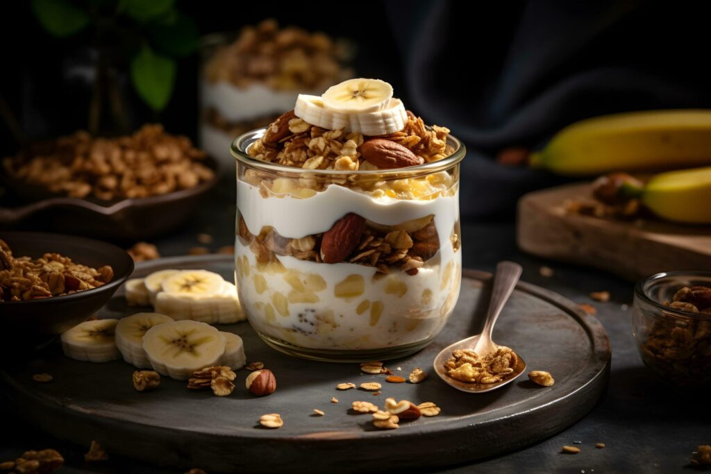 Yogurt granola parfait with sliced nuts and fresh banana fruits in a glass jar on dark background. Generative AI. Free Photo