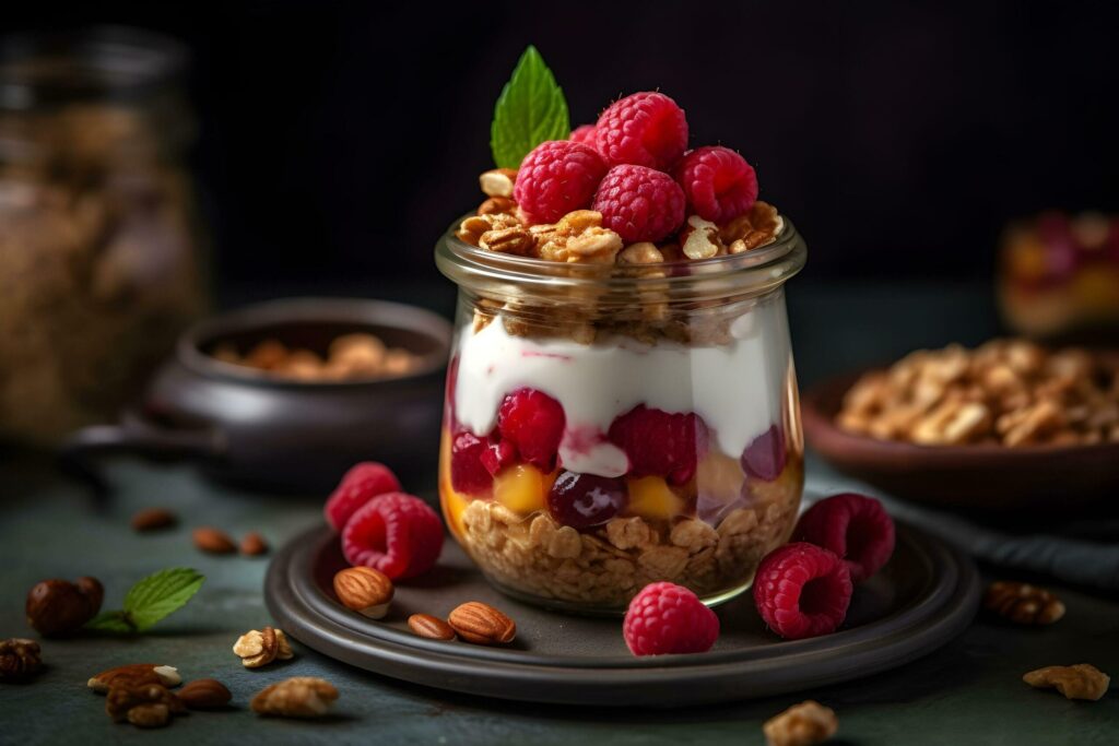 Yogurt granola parfait with sliced nuts and fresh raspberry in a glass jar on dark background. Generative AI. Free Photo