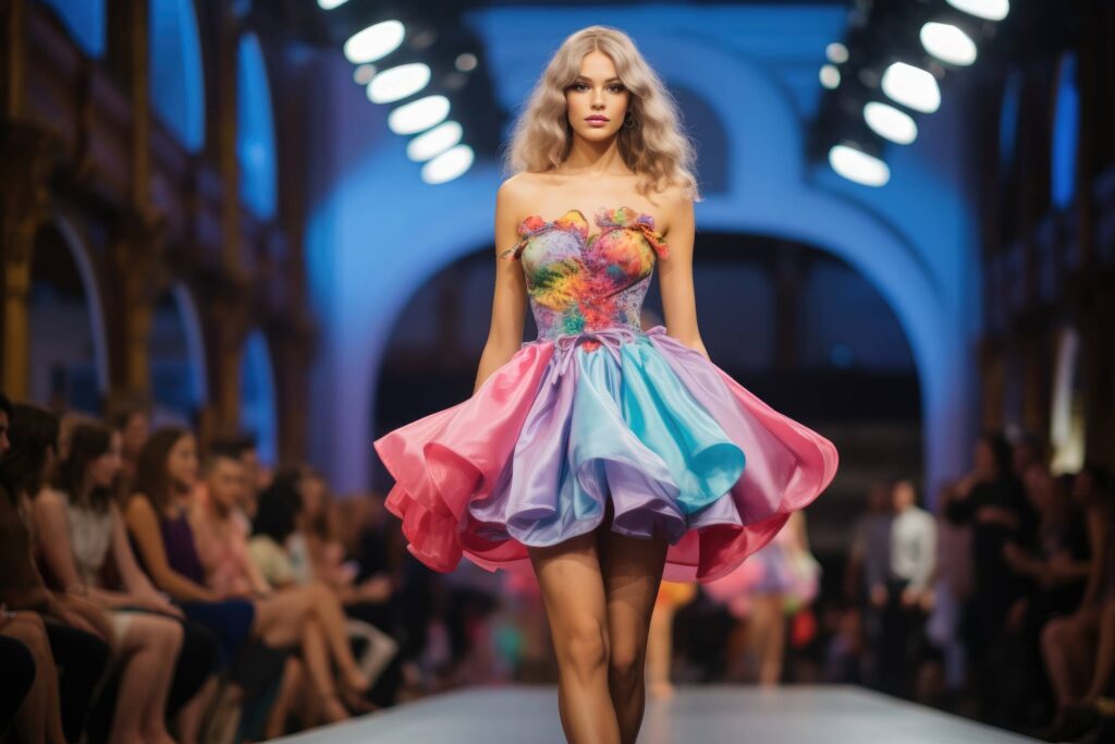 Young Blonde Woman Model with Colorful Dress Walking on Fashion Show Stock Free