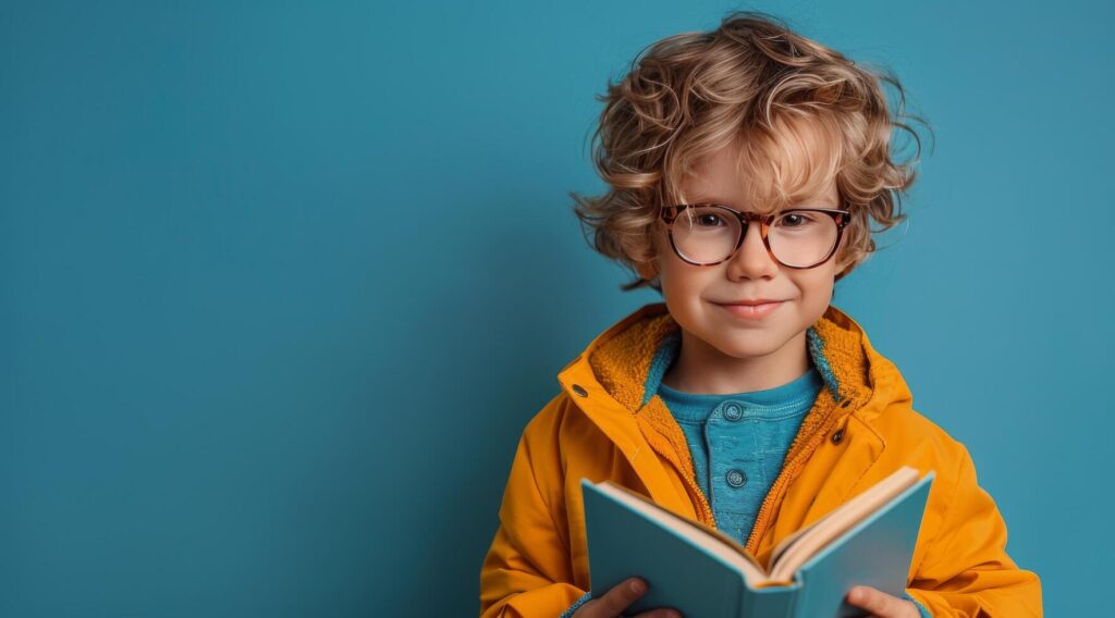 Young Boy in Glasses Reading a Book Against a Blue Background Stock Free