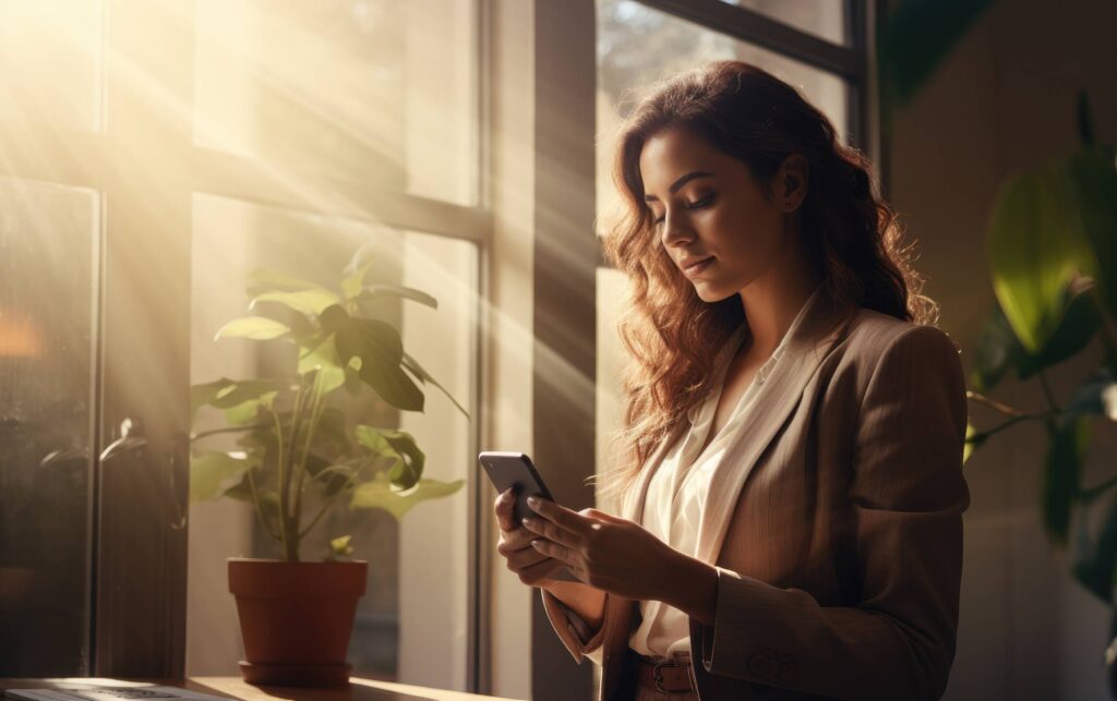 Young Brunette Woman Standing at Windows and Using Her Smartphone Stock Free