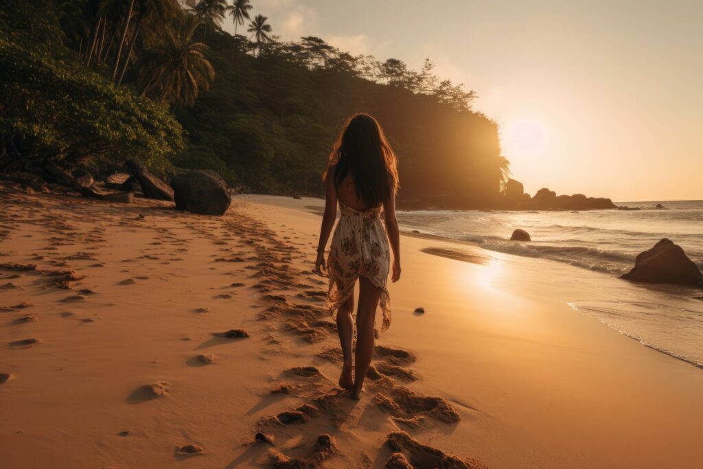 Young Brunette Woman Walking on a Beautiful Beach During Sunset Stock Free