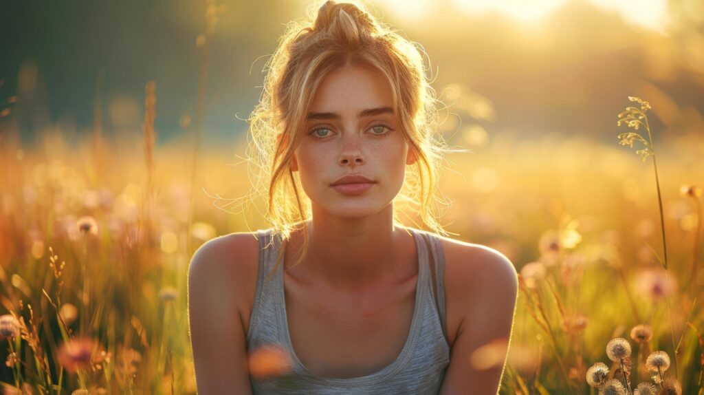 Young Caucasian woman is relaxing and calming outdoors to relieve her anxiety in flowers field meadow with natural sunset and sunrise for homeopathy. AI-Generated Free Photo