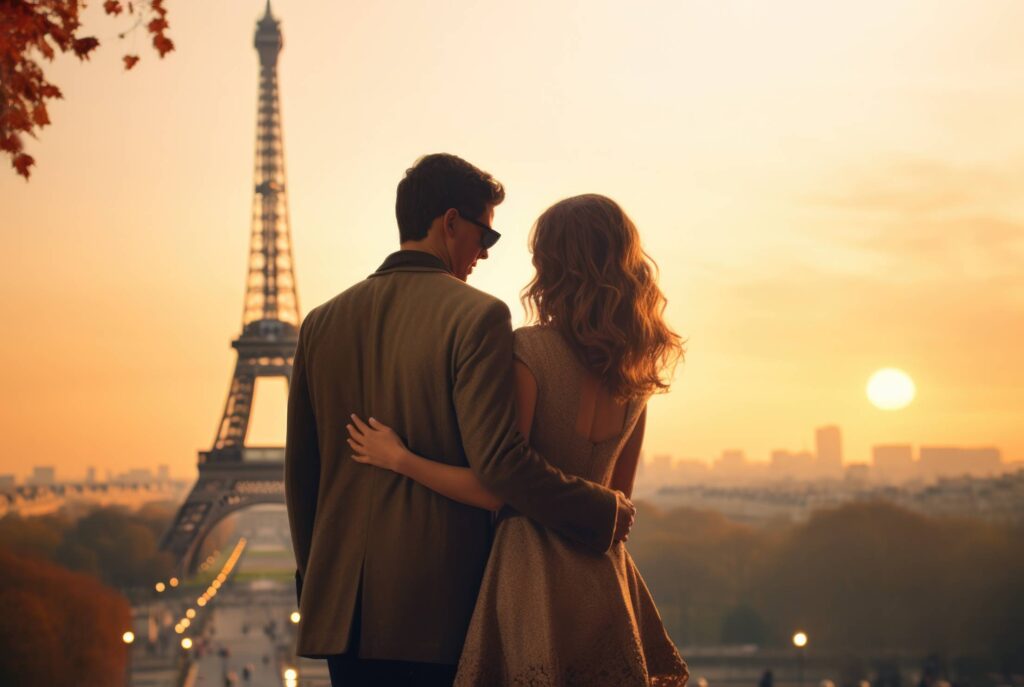 Young Couple in Paris Looking at Eiffel Tower Stock Free