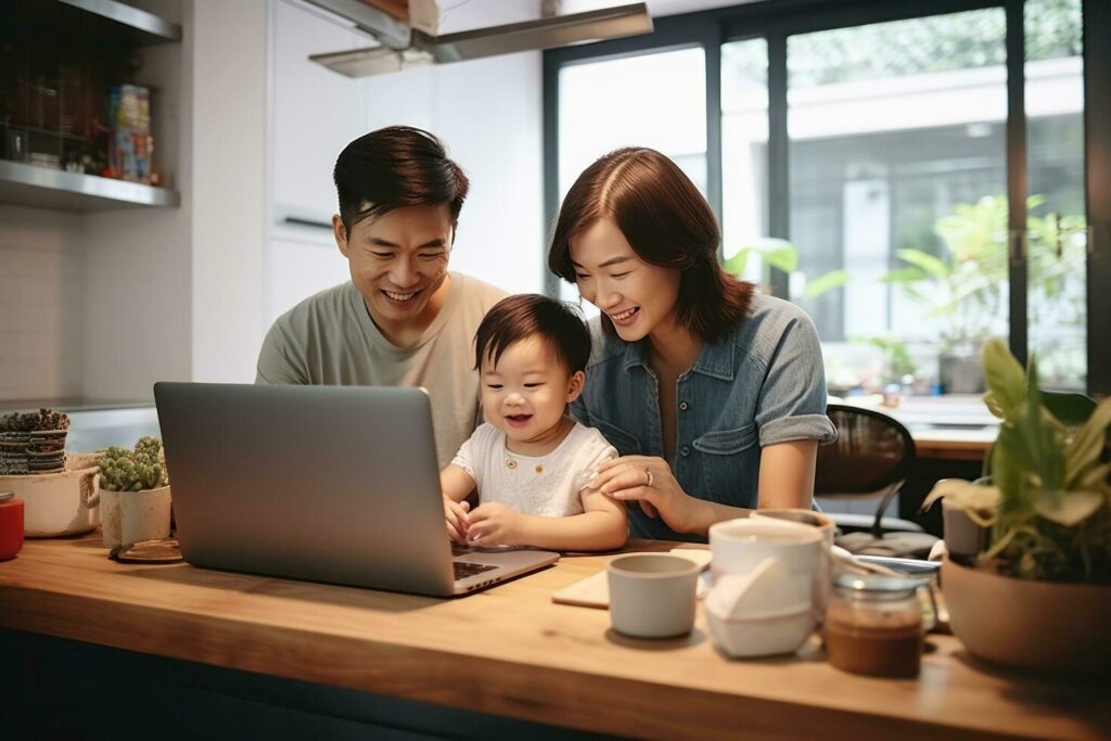 Young family using laptop Stock Free