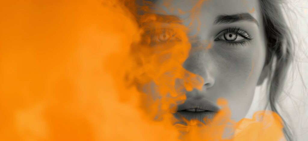 Young Female Face Hiding in Orange Smoke Place for Text Stock Free