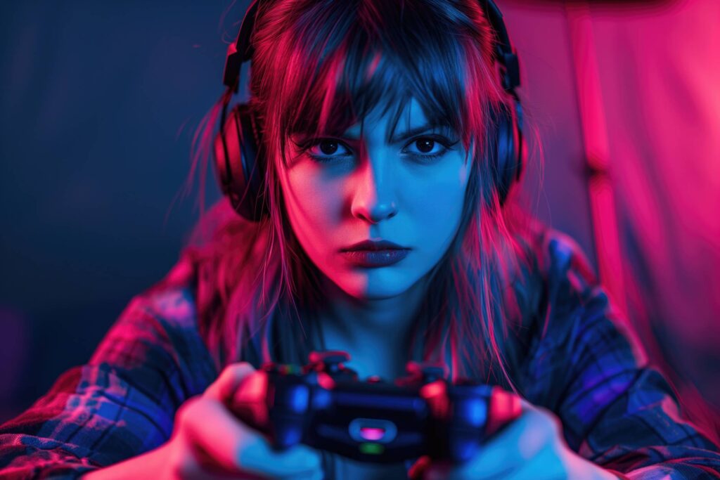 Young Gamer Girl Red and Blue Lights Stock Free